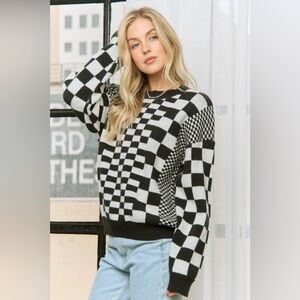 Sweet Generis Black & White Mixed Checkerboard Checkered Sweater Medium